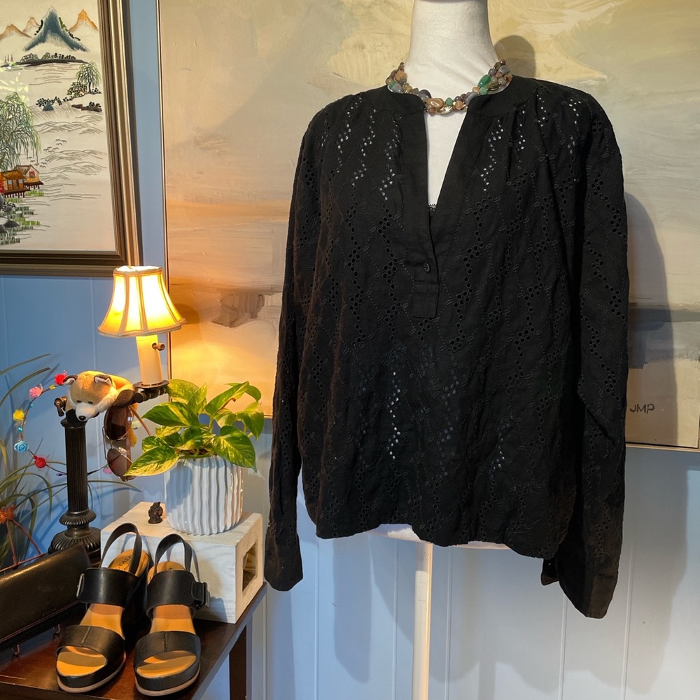 Madewell Black Eyelet Long Sleeve Blouse